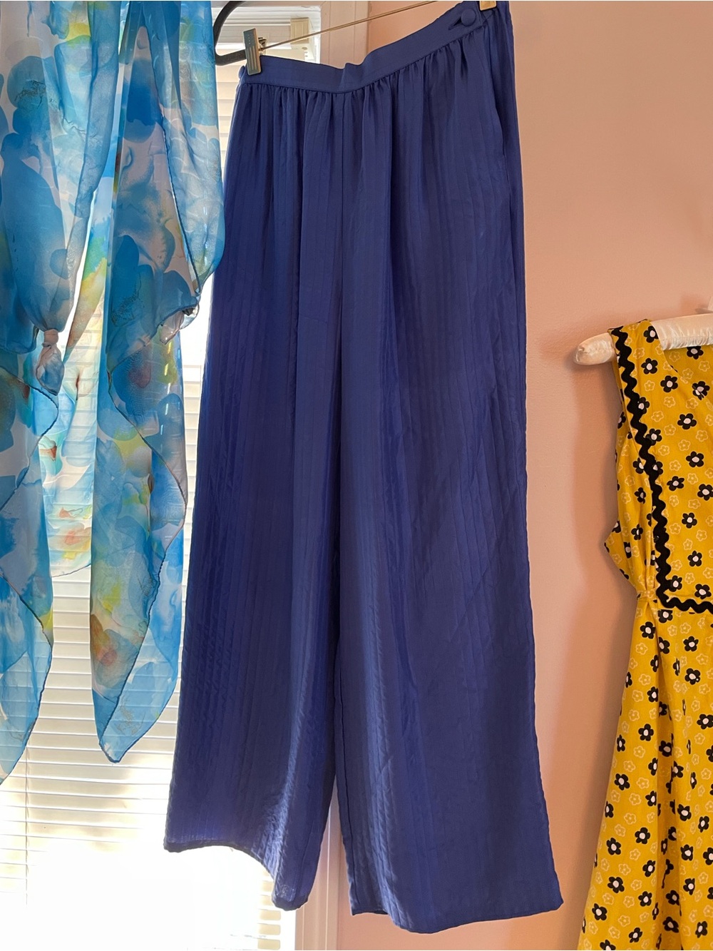 Icinoo Vtg Wide-Leg Navy Silk Palazzo Pants w Button Side Closure Ribbed Detail